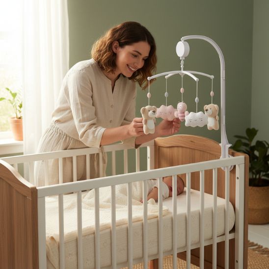 Mobile musical bébé avec oursons suspendus aux tons pastel