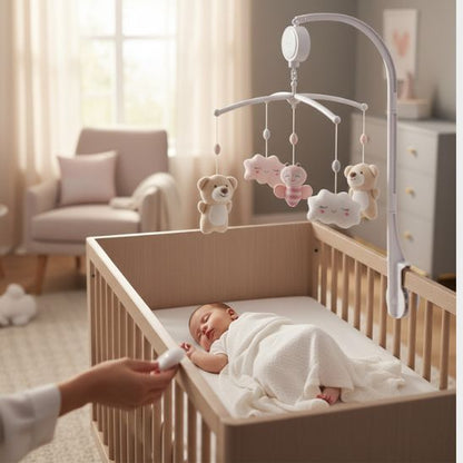 Détail des peluches douces du mobile musical bébé