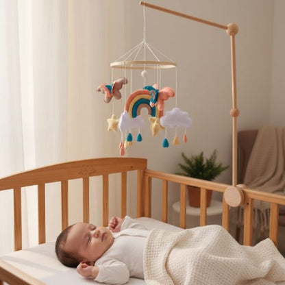Mobile musical bébé Arc-en-ciel & papillons suspendu sur bras en bois naturel