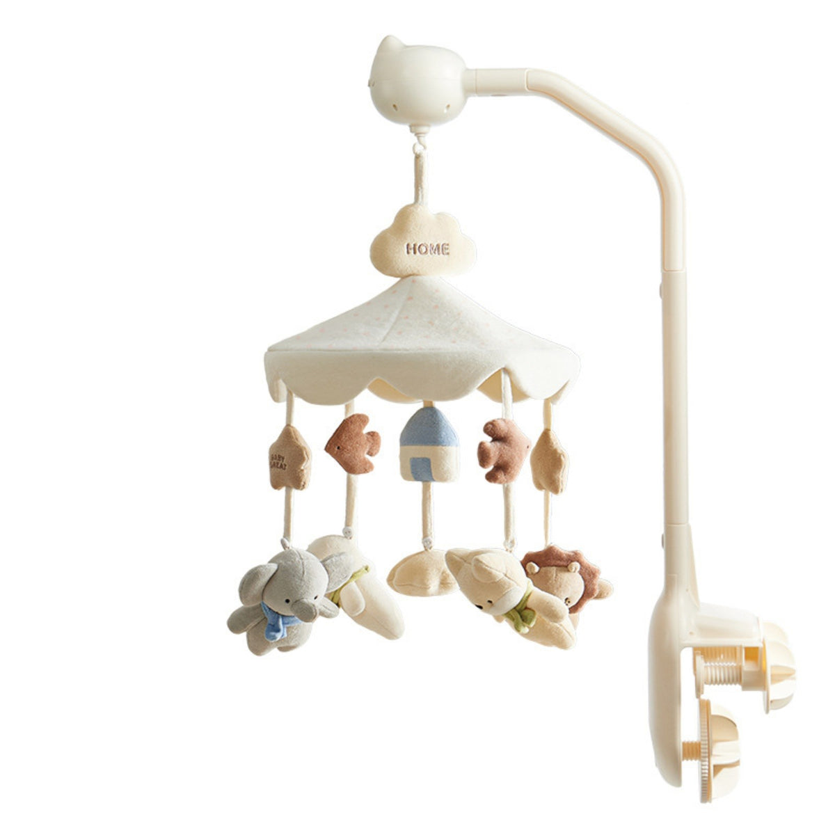 mobile musical bébé Bluetooth Mélodie modèle Envol avec son bras crème et sa pince sur fond blanc