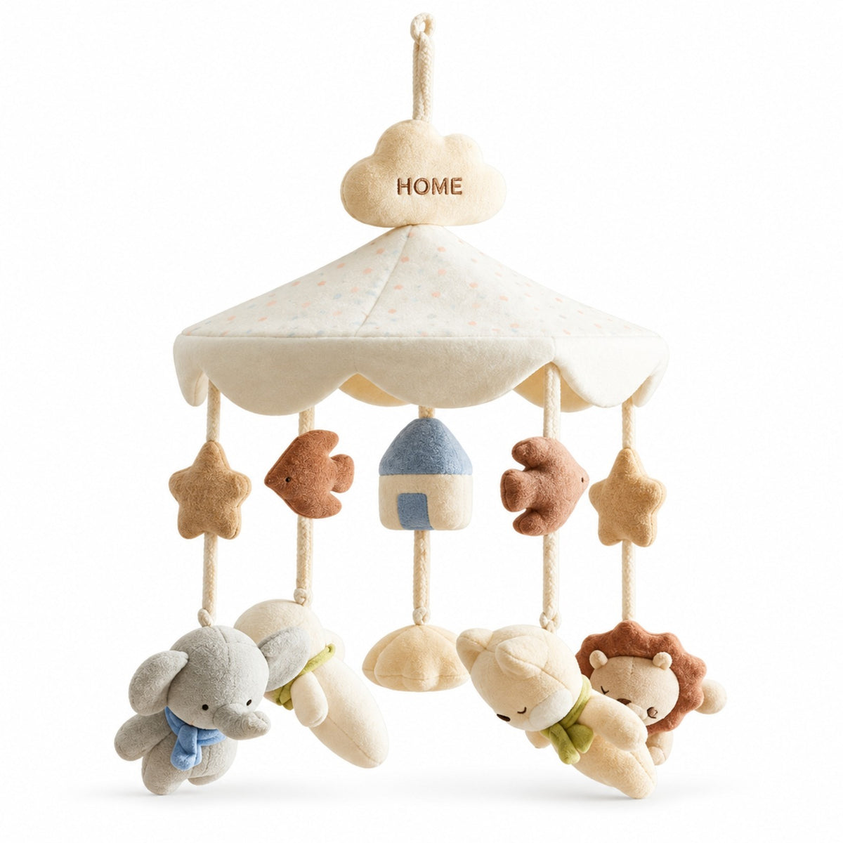 mobile musical bébé Bluetooth Mélodie modèle Envol avec ombrelle crème, oiseaux, maison et peluches sur fond blanc