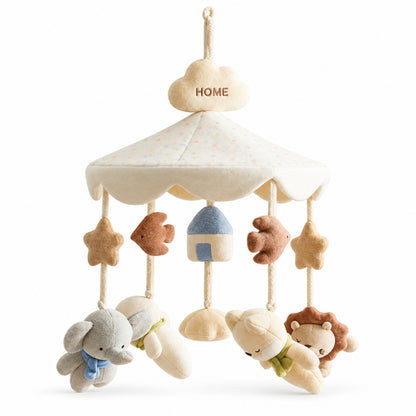 mobile musical bébé Bluetooth Mélodie modèle Envol avec ombrelle crème, oiseaux, maison et peluches sur fond blanc