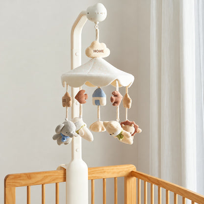 mobile musical bébé Bluetooth Mélodie modèle Envol fixé sur un lit en bois avec chat, éléphant, agneau et lion