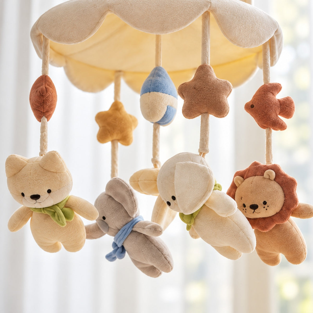 gros plan sur les peluches du mobile musical bébé Bluetooth : chat, éléphant, agneau et lion
