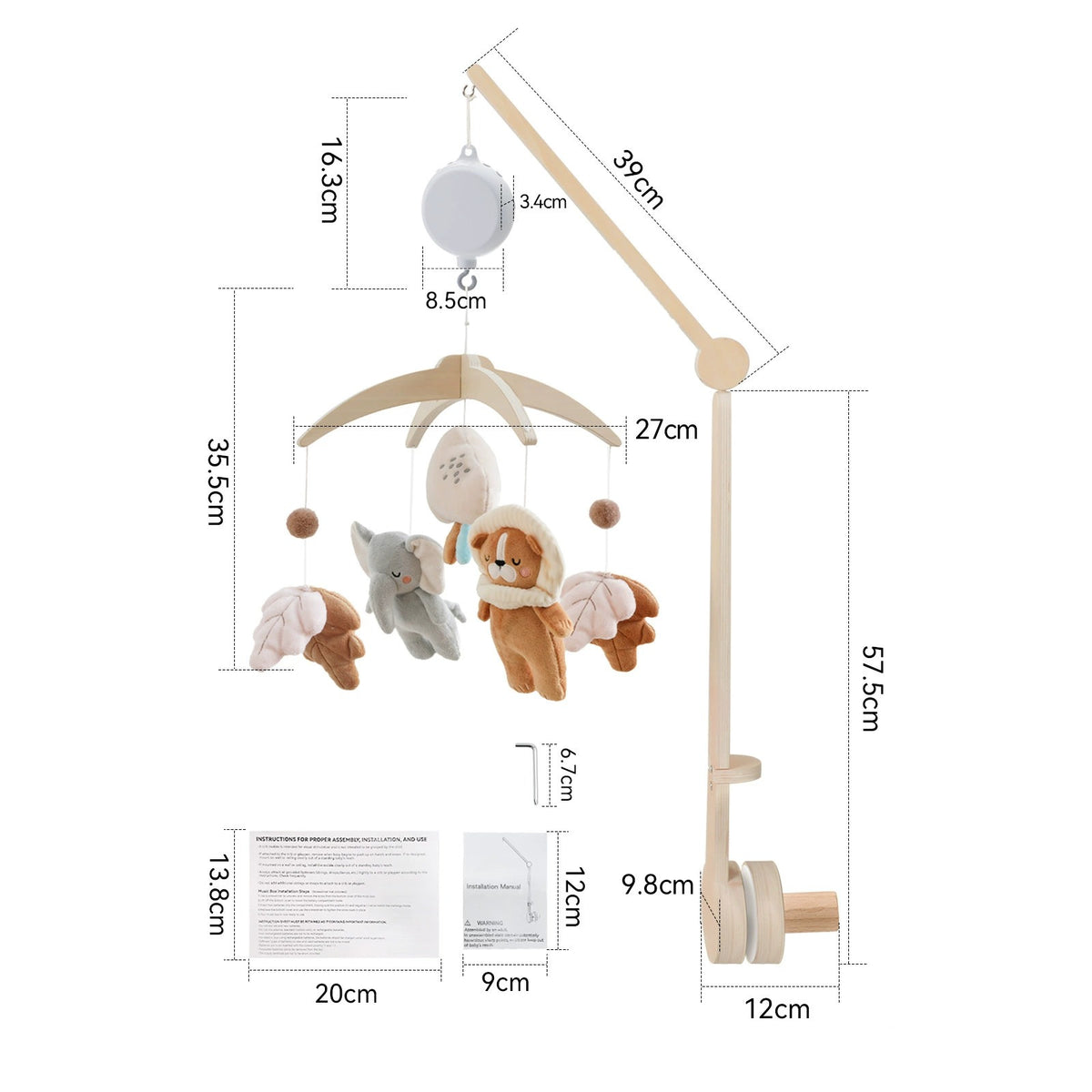 dimensions du mobile musical bébé bohème avec bras en bois naturel et boîte à musique Perle