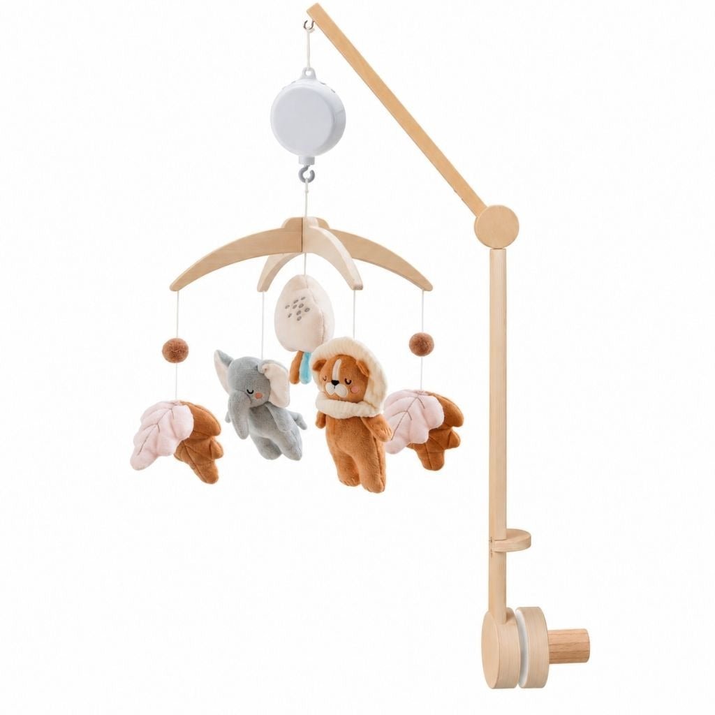 mobile musical bébé bohème avec bras en bois naturel et boîte à musique blanche Perle sur fond blanc