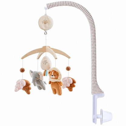 mobile musical bébé bohème avec bras Rayures sable et boîte à musique Soleil doux sur fond blanc
