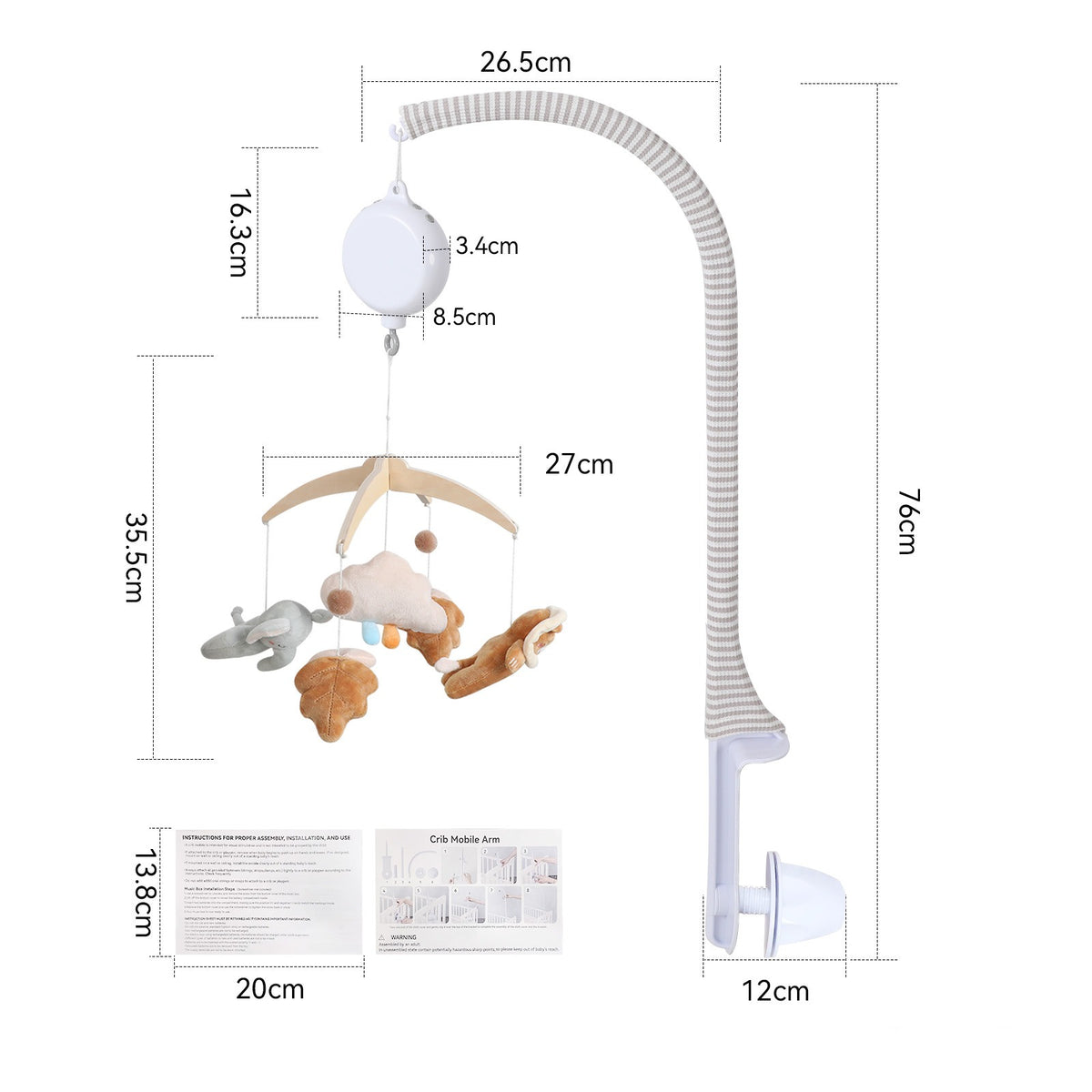 dimensions du mobile musical bébé bohème avec bras Rayures sable de 76 cm et boîte à musique Perle
