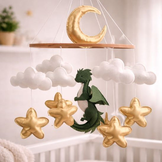 Mobile musical bébé Dragon avec lune dorée et nuages blancs