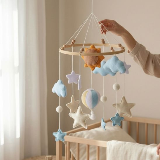 Mobile musical bébé en feutrine design minimaliste étoiles et nuages