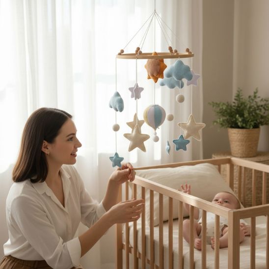 Mobile musical bébé étoiles et nuages en feutrine ambiance douce et cocooning