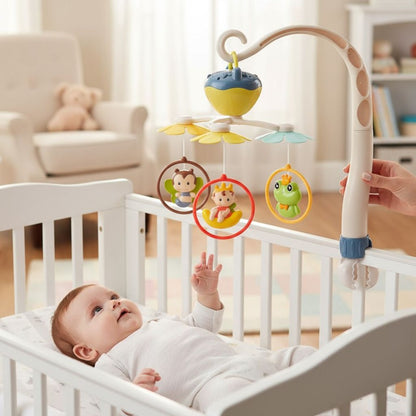 Mobile musical bébé bleu avec grenouille, singe et prince suspendus