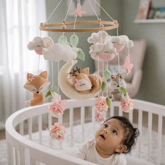 Mobile musical bébé fille – berceuse douce et éveil sensoriel avec animaux en feutrine et lune pour chambre bébé