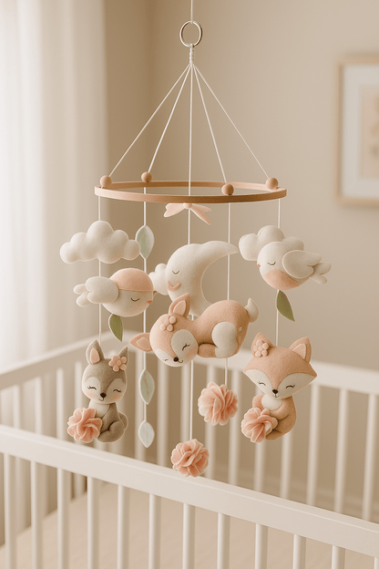 Mobile musical bébé fille sans support en feutrine avec figurines suspendues fleurs et animaux – Spot Bébé