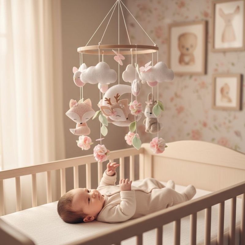 mobile musical bébé fille au dessus d'un berceau avec un enfant couché, essayant d'attraper les figurine en feutrine