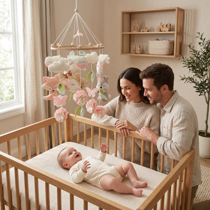 Mobile musical bébé fille en feutrine suspendu au-dessus du berceau avec bébé souriant et parents créant un rituel du coucher apaisant