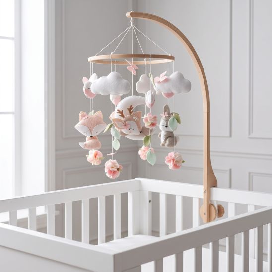 Mobile Musical Bébé Fille avec bras de support installé sur berceau