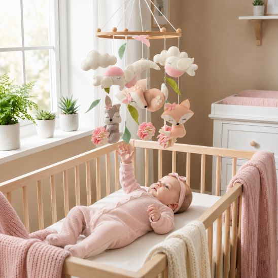 Mobile musical bébé fille thème forêt rose avec renard, biche et écureuil suspendu au-dessus du lit bébé