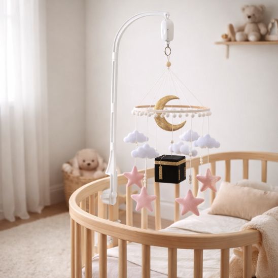 Mobile musical bébé fille Kaaba suspendu au-dessus d’un lit bébé