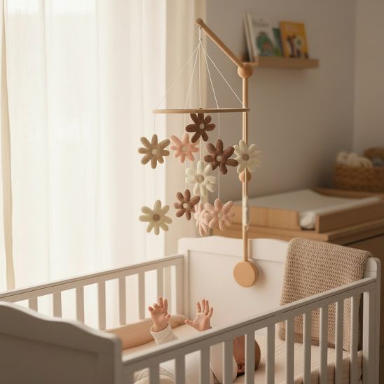 Mobile musical bébé fleurs créant une ambiance cocooning et rassurante