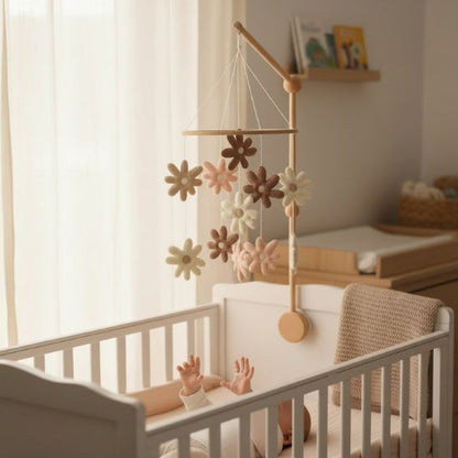 Mobile musical bébé fleurs créant une ambiance cocooning et rassurante