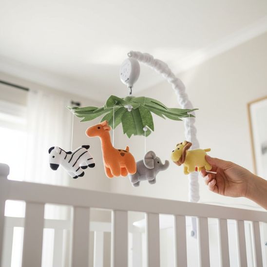 Mobile musical bébé garçon savane main qui installe le mobile sur berceau blanc chambre lumineuse