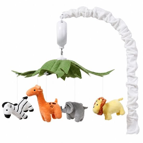 Mobile musical bébé garçon savane produit complet avec bras velours blanc fond blanc