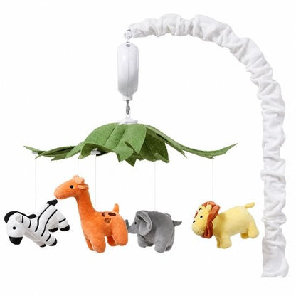 Mobile musical bébé garçon savane produit complet avec bras velours blanc fond blanc