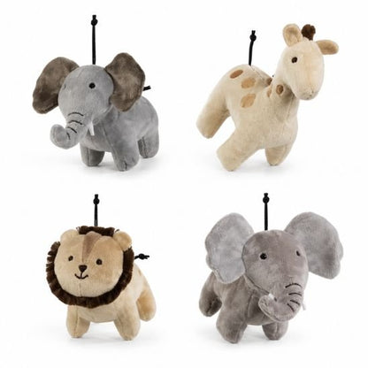 Les 4 animaux en velours du mobile musical bébé jungle : éléphant, girafe, lion et éléphant gris