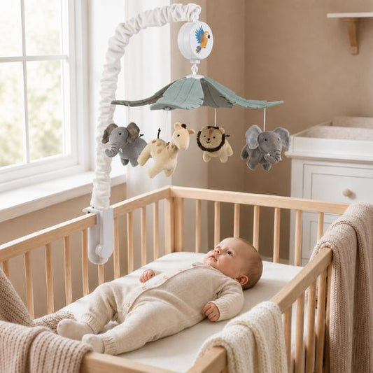 Mobile musical bébé jungle installé au-dessus d'un berceau en bois