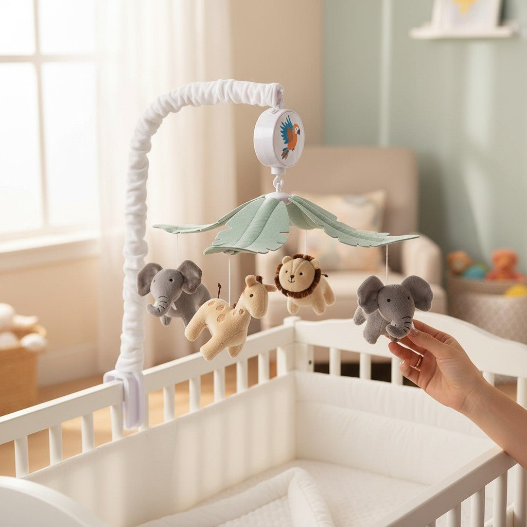 Mobile musical bébé jungle main qui touche éléphant velours berceau blanc chambre naturelle