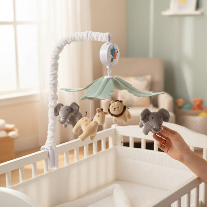 Mobile musical bébé jungle main qui touche éléphant velours berceau blanc chambre naturelle