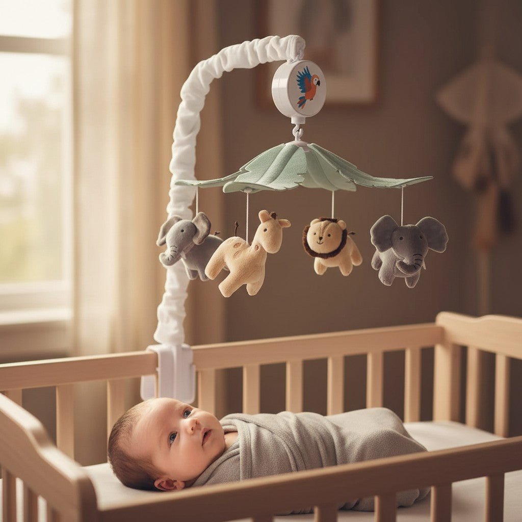 Mobile musical bébé jungle bébé emmailloté qui regarde les animaux velours berceau bois naturel