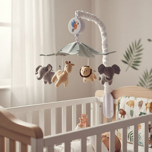 Mobile musical bébé jungle animaux velours suspendus berceau blanc chambre plantes tropicales