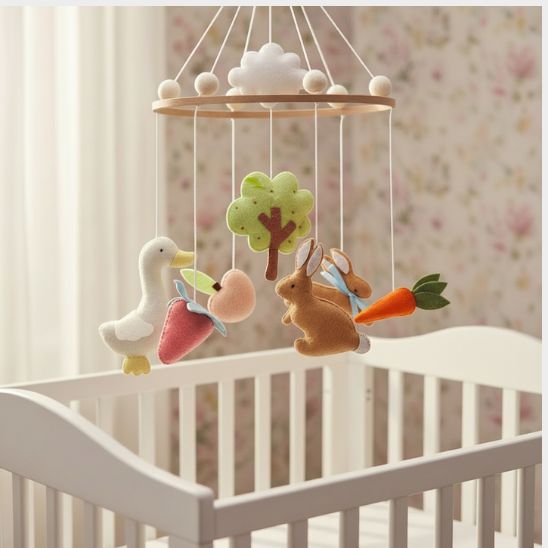 Mobile musical bébé Lapin & compagnie avec animaux en feutrine cousus à la main