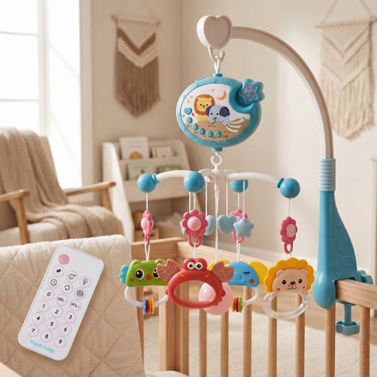 Mobile musical bébé LumiRêve bleu installé sur lit bébé en bois dans chambre douce avec télécommande