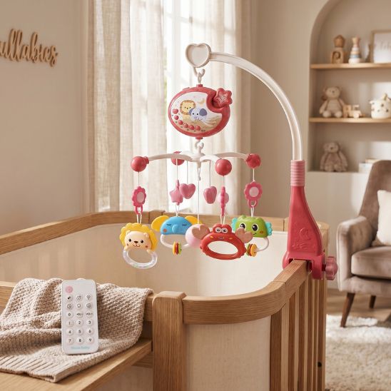 Mobile musical bébé LumiRêve rose fixé sur lit bébé en bois dans chambre naturelle et chaleureuse
