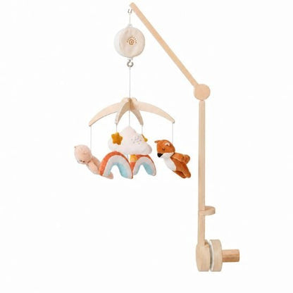 mobile musical bébé renard complet avec bras en bois et boîte à musique sur fond blanc