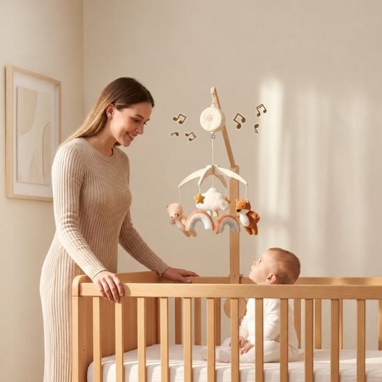 maman et bébé écoutant la mélodie du mobile musical bébé renard