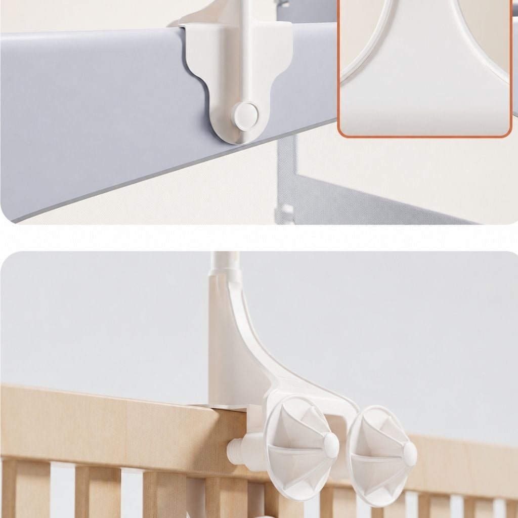 fixation du bras blanc renforcé du mobile musical bébé rotatif sur un lit à barreaux avec double vis