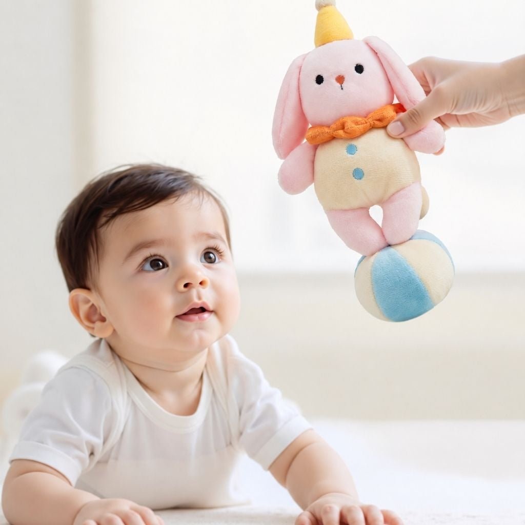 bébé qui regarde un lapin rose détachable du mobile musical bébé rotatif