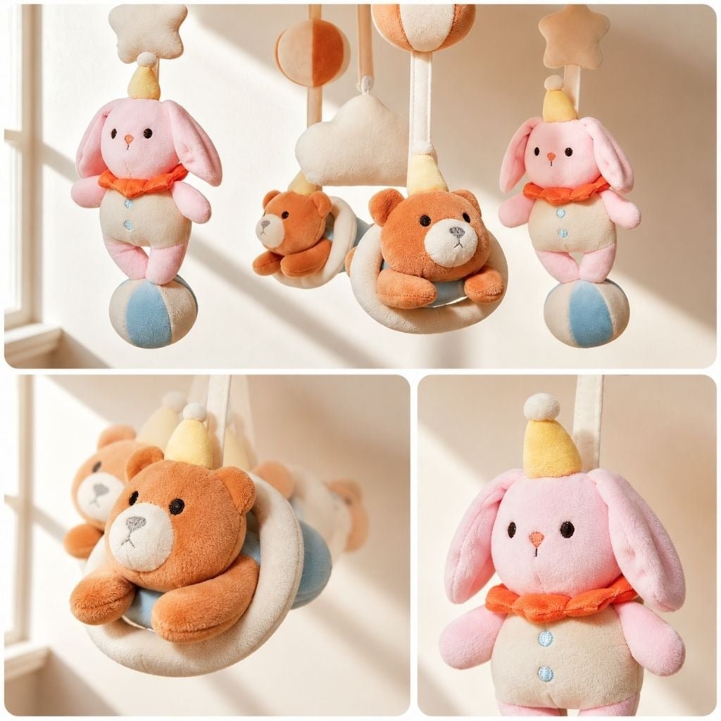 gros plan sur les peluches du mobile musical bébé rotatif : lapins roses en chapeau de fête et oursons