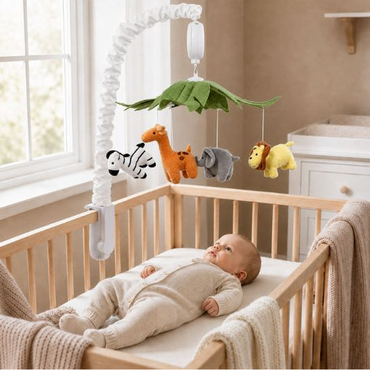 Mobile musical bébé safari installé au-dessus d'un berceau en bois