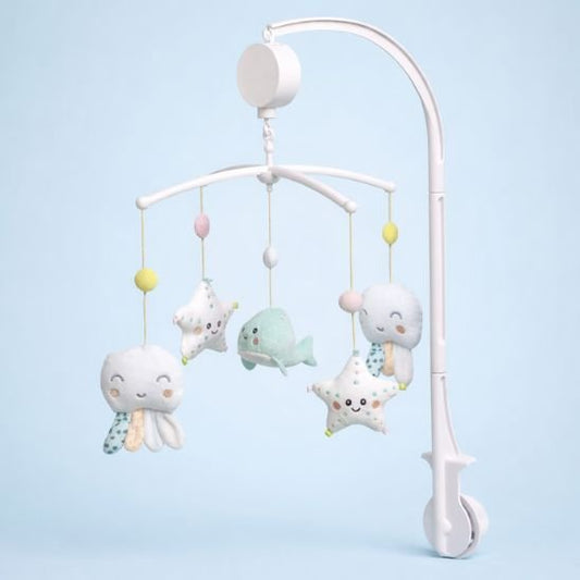 Mobile musical BerceDoux Océan pour bébé avec créatures marines sur fond bleu pastel apaisant