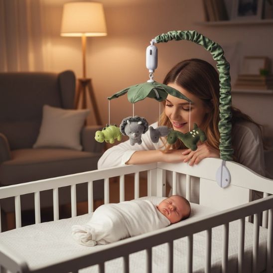 Maman qui regarde tendrement son bébé dormir sous le mobile musical dinosaure jungle