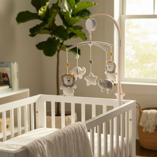 Mobile musical lions et éléphants vue d’ensemble