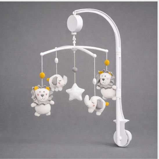 Mobile musical lions et éléphants tons gris et blancs