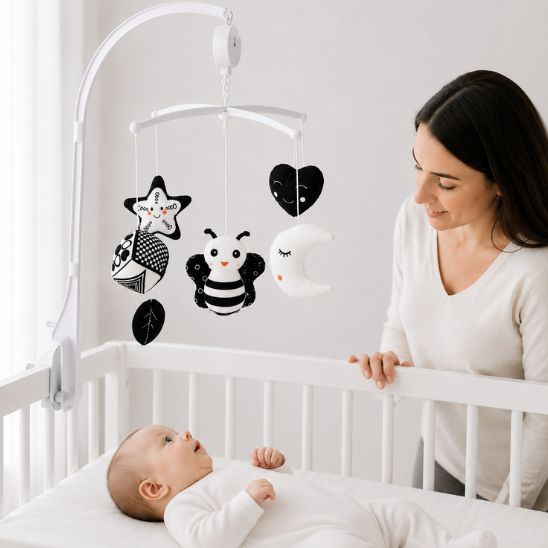 Maman regardant son bébé émerveillé par le mobile musical noir et blanc Montessori