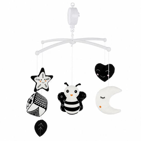 Mobile musical noir et blanc assemblé avec sa potence et ses formes suspendues