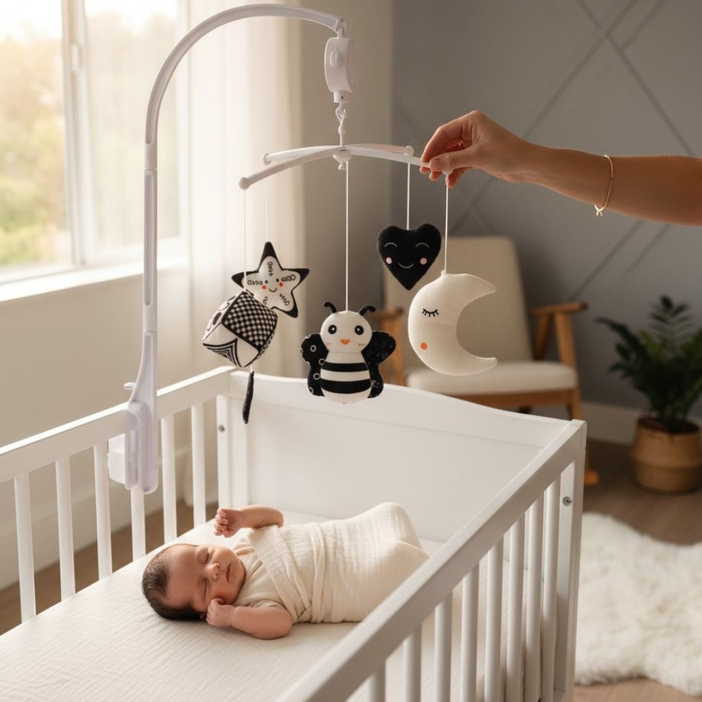 Mobile musical noir et blanc favorisant l’éveil visuel